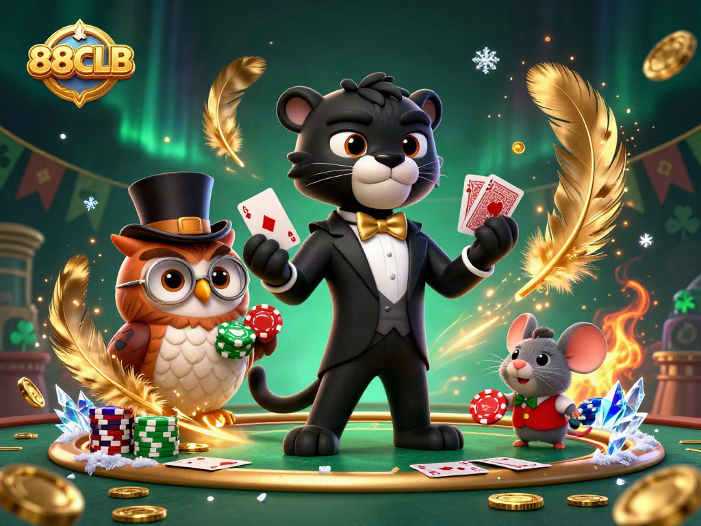 88CLB showcases vibrant casino characters dealing cards among gold coins and glittering elements.