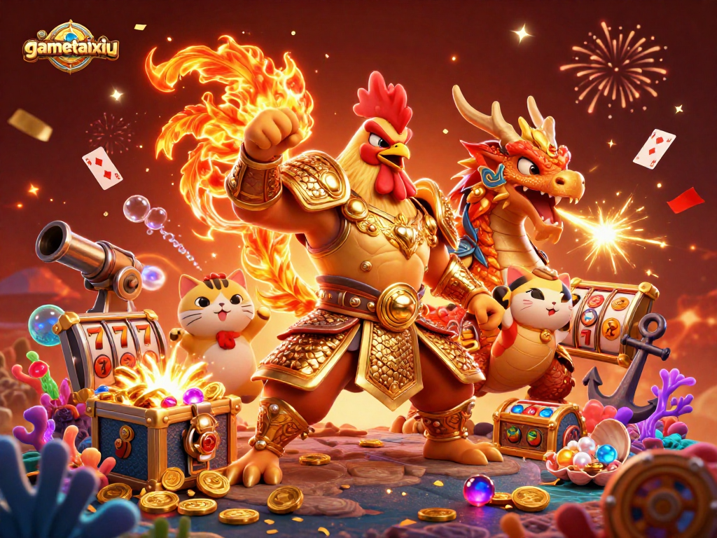 Engage in gametaixiu excitement with a vibrant 3D illustration featuring dynamic gaming elements and colorful characters.