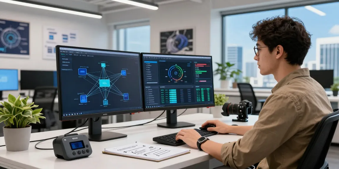 Data engineer analyzing edge computing models at a dual-monitor tech workspace, showcasing modern technology.
