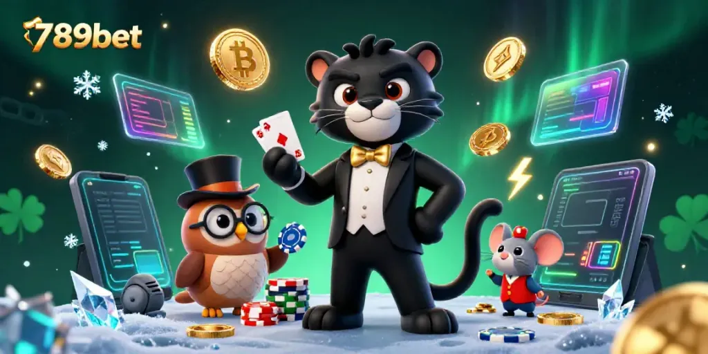 Experience thrilling gameplay with 789bet's vibrant illustration of card dealing and crypto elements.