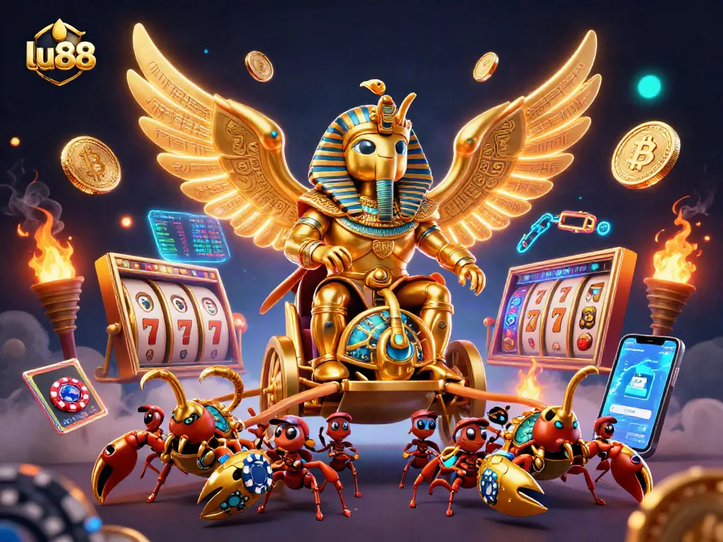Experience thrilling gameplay with lu88 as the colossal golden scarab beetle leads a dynamic casino adventure.