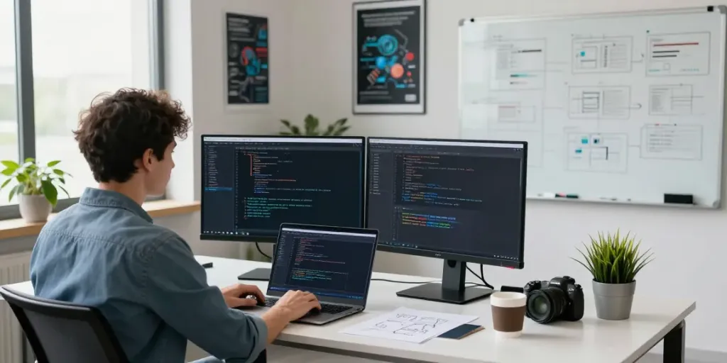 Submit software article proposal in a vibrant tech workspace.