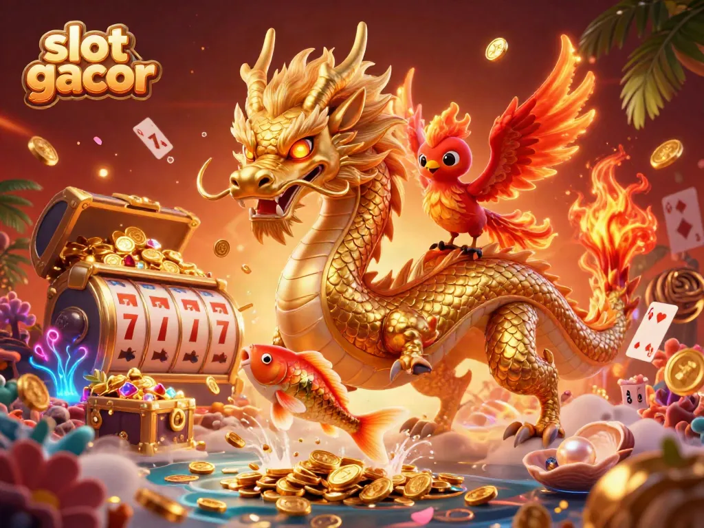 Experience the excitement of slot gacor with a fierce golden dragon and phoenix in a vibrant casino scene.