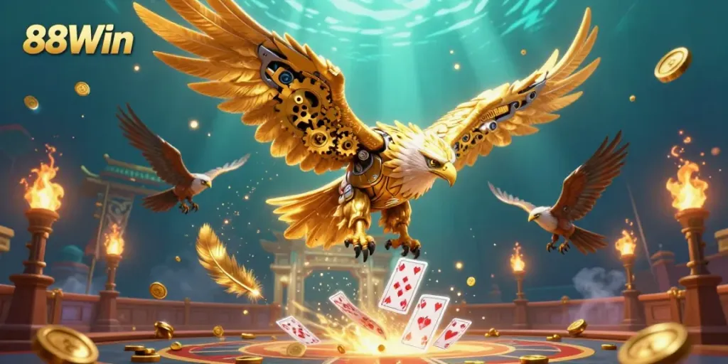 Experience thrilling gameplay with 88Win featuring a cybernetic eagle soaring through a vibrant casino.