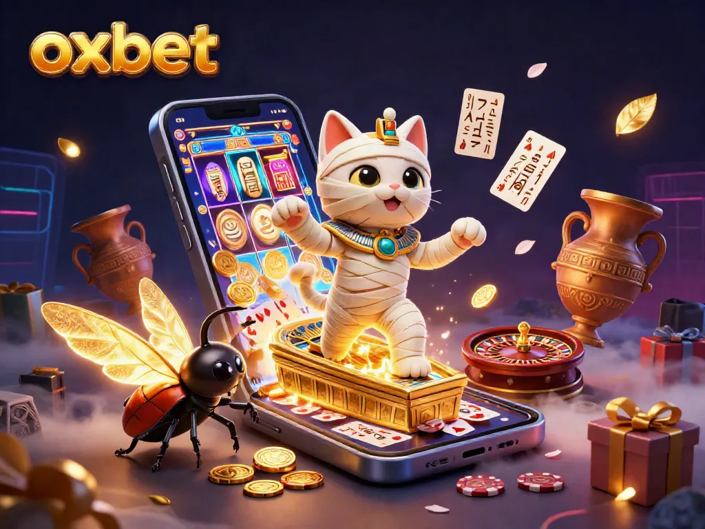 Play exciting games at OXBET with a vibrant illustration of a mummy cat in a casino scene.