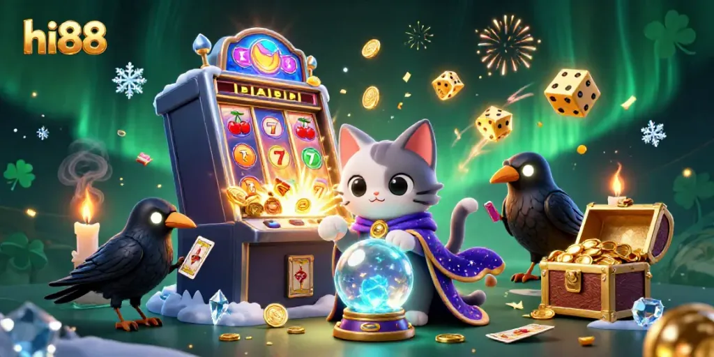 Experience the excitement of hi88 with a vibrant jackpot scene featuring a charismatic fortune teller, mystical elements, and dynamic casino symbols.