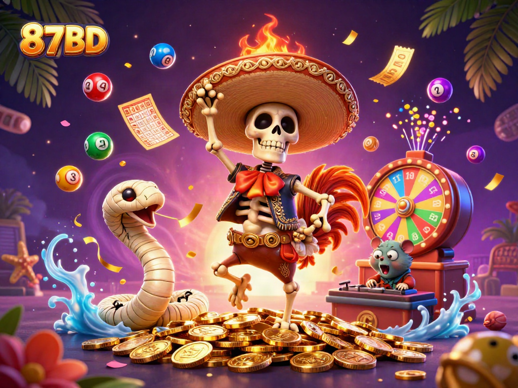 Engage with the vibrant scene of 87BD featuring energetic casino characters like a skeleton mariachi rooster.
