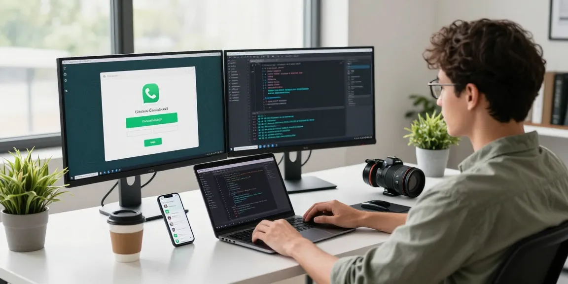 WhatsApp下載 interface displayed on dual monitors in a modern tech workspace