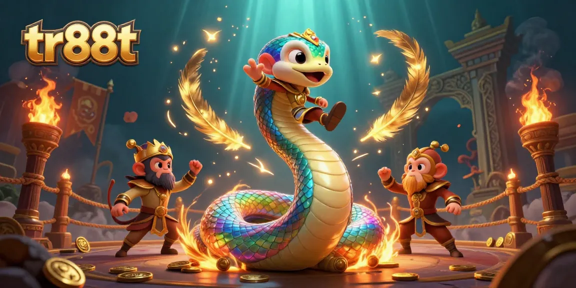 Experience the vibrant world of tr88t with a dynamic scene featuring a rainbow serpent and monkey king in a magical casino arena.