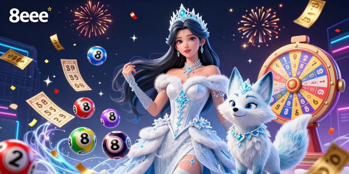 Experience thrilling gameplay with 8eee's dynamic symbols and festive atmosphere in this captivating casino illustration.