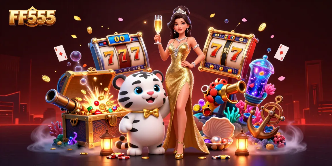 Engage with the thrilling world of FF555 casino gaming, featuring glamorous characters and vibrant slot elements.