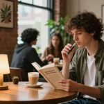 Person savoring thc pens at a cozy café with friends, highlighting cannabis culture.