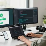 WhatsApp下載 interface displayed on dual monitors in a modern tech workspace