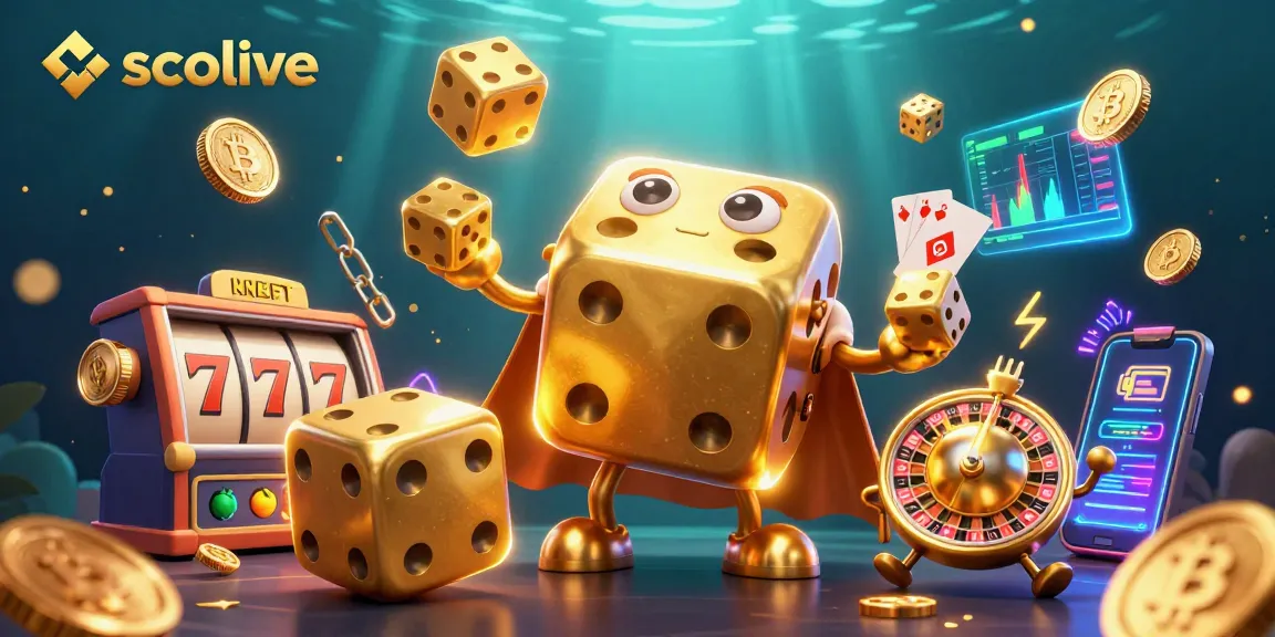 Socolive enhances gaming with golden dice, slot reels, and cryptocurrency elements in vibrant 3D.
