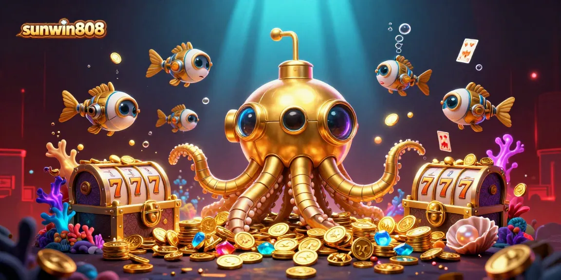 Engage in thrilling adventures at sunwin808 with a kraken submarine amidst gold coins and colorful gems.