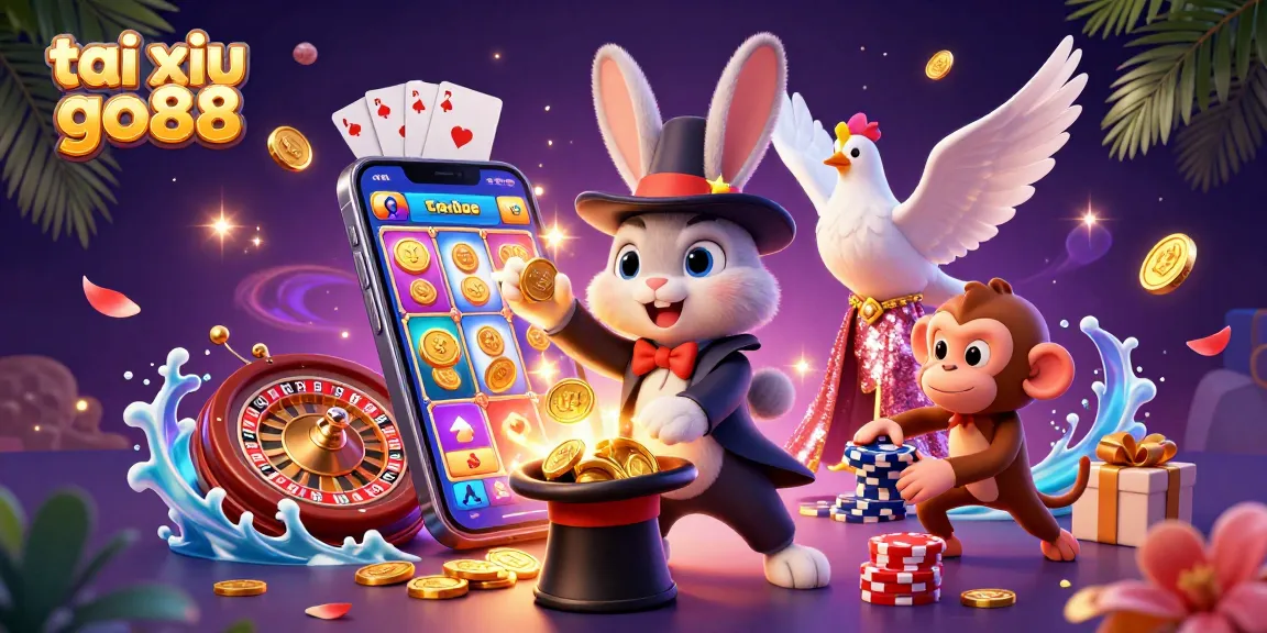 Tai xiu go88 showcasing a vibrant 3D scene with a magician rabbit, dove, and monkey amidst casino elements.