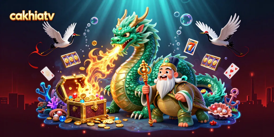 Cakhiatv showcases a vibrant 3D casino scene with a dragon, turtle, and cranes surrounded by slot game elements.