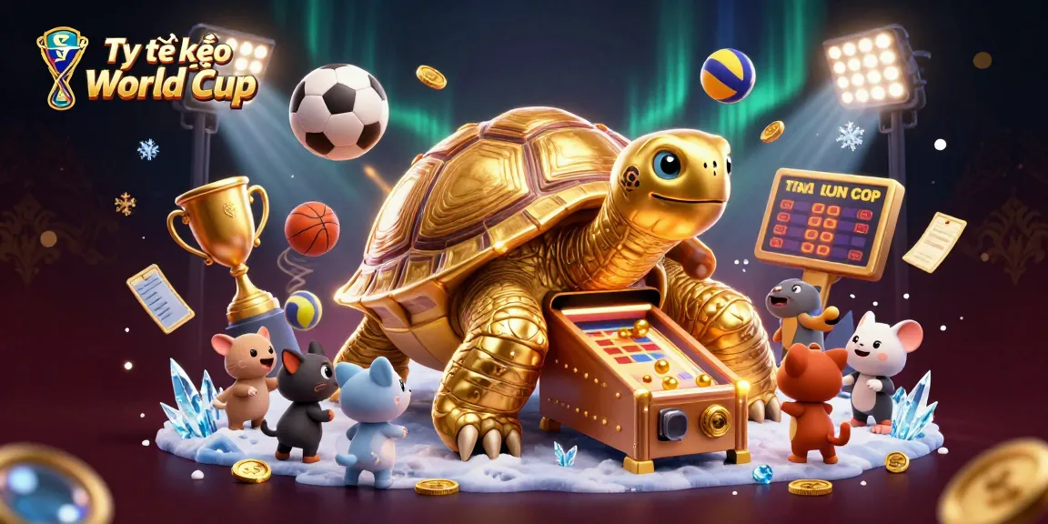 Tỷ lệ kèo World Cup highlights the excitement of betting with a vibrant 3D scene featuring sports symbols and animated characters.