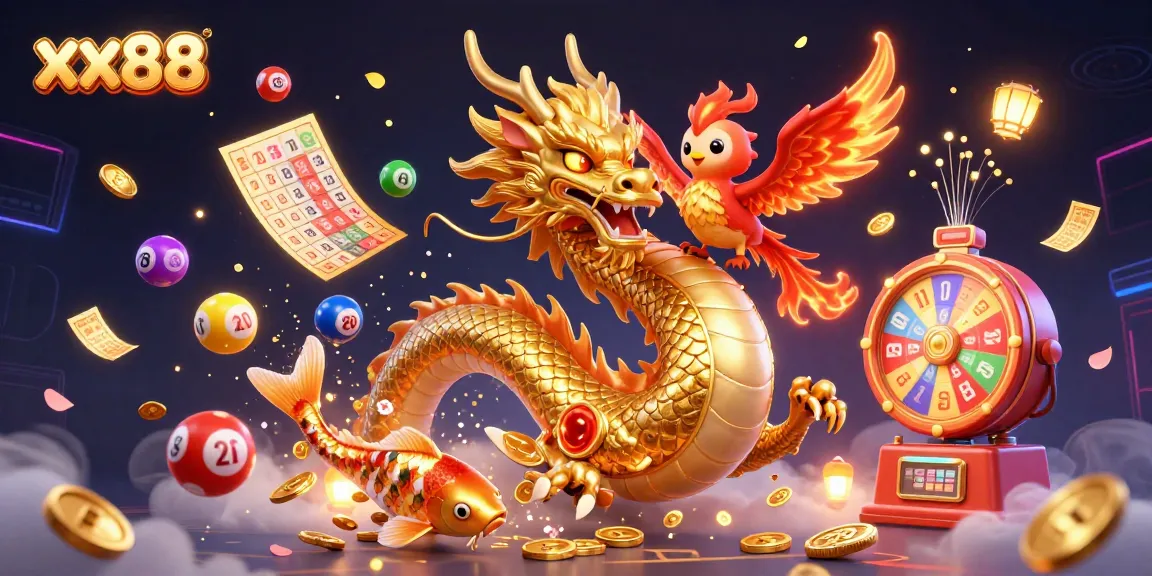 Engage with xx88 as a thrilling casino experience showcasing a majestic dragon, vibrant lottery elements, and dynamic visuals.