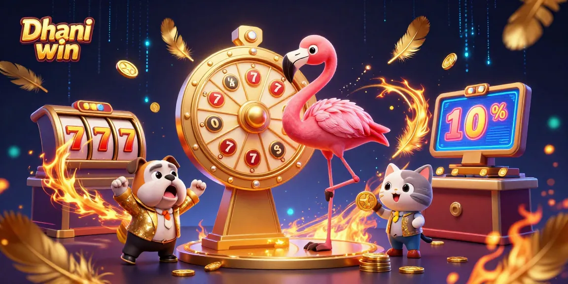 Dhani win captures the excitement of gaming with a vibrant scene featuring a flamingo host, joyful bulldog contestant, and prize scoreboard cat.