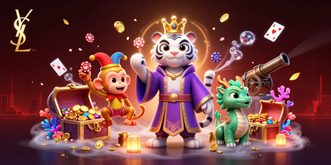 Engagingly illustrate exciting gameplay at ysl with a jester monkey and royal tiger in a vibrant casino.