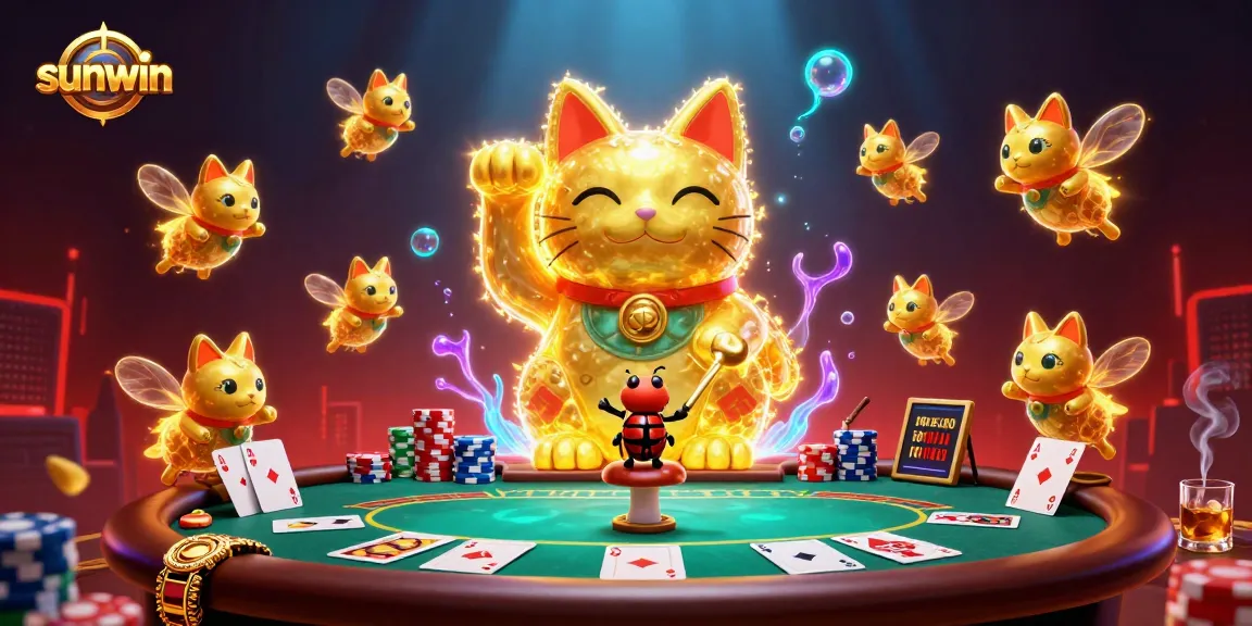 Engage with sunwin's vibrant casino world through a playful lucky cat and fireflies.