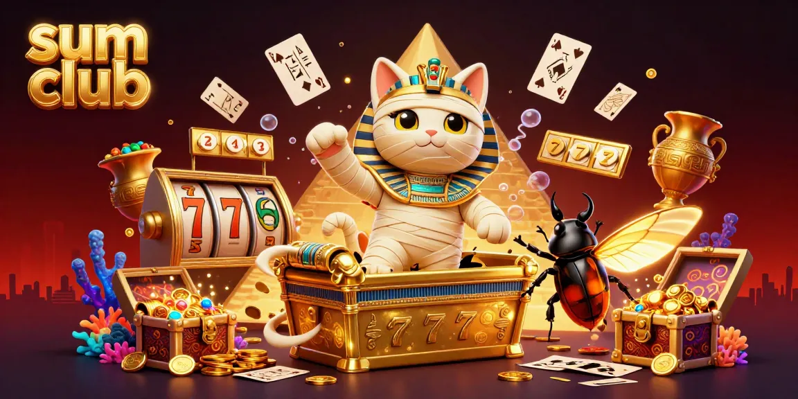 Engage with sum club's thrilling slots as a cartoon Egyptian mummy cat bursts from a golden sarcophagus.