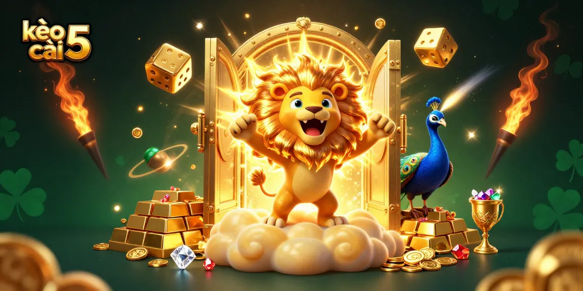 Capture the excitement of kèo nhà cái 5 with a dynamic scene featuring a roaring sun lion and golden cosmic elements.