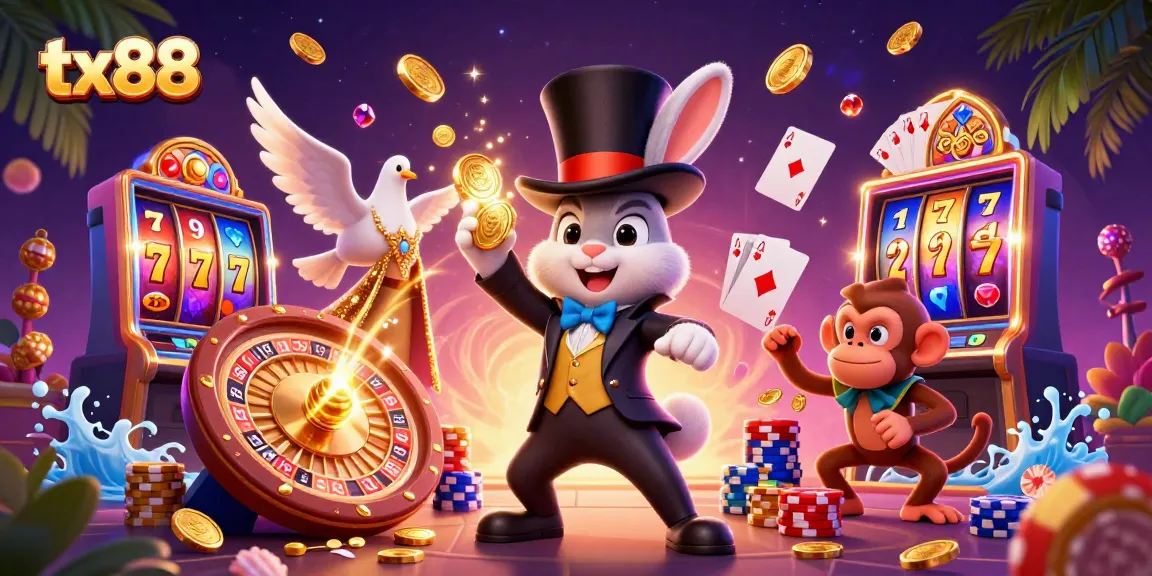 Experience excitement at tx88 with a 3D casino scene featuring magical characters, coins, and vibrant gaming elements.