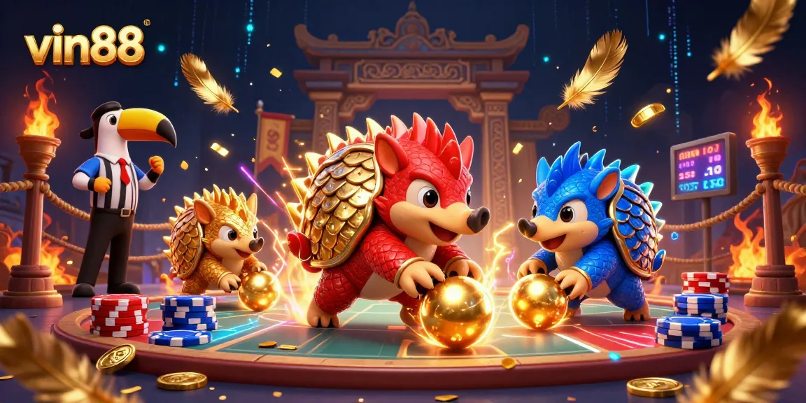Enjoy thrilling gameplay with vin88 as rival pangolins compete in a dynamic casino scene.