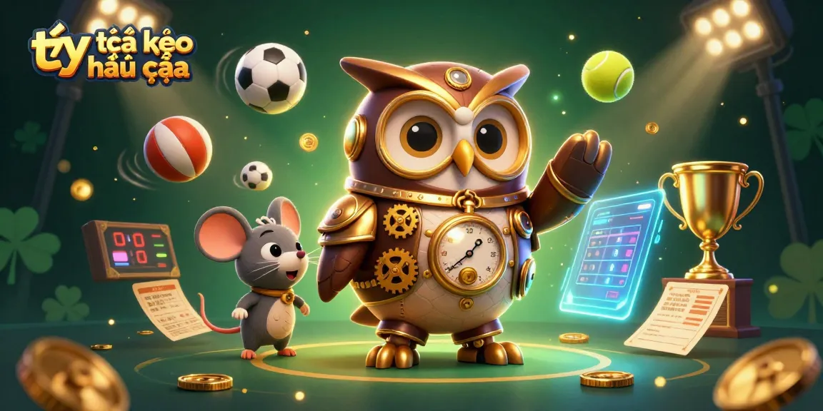 Bet on tỷ lệ kèo nhà cái with a dazzling steampunk owl and sports elements in a rich casino scene.