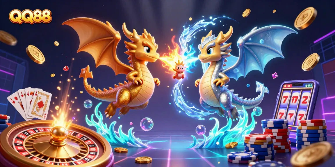 Engage with QQ88 in a vibrant 3D illustration of a fantasy gambling world filled with dragons and wins.