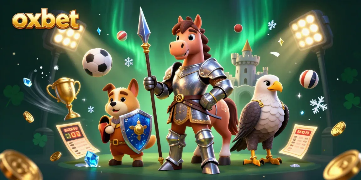 Engage with the excitement at oxbet featuring a knight, squire, and falcon surrounded by dynamic sports elements.