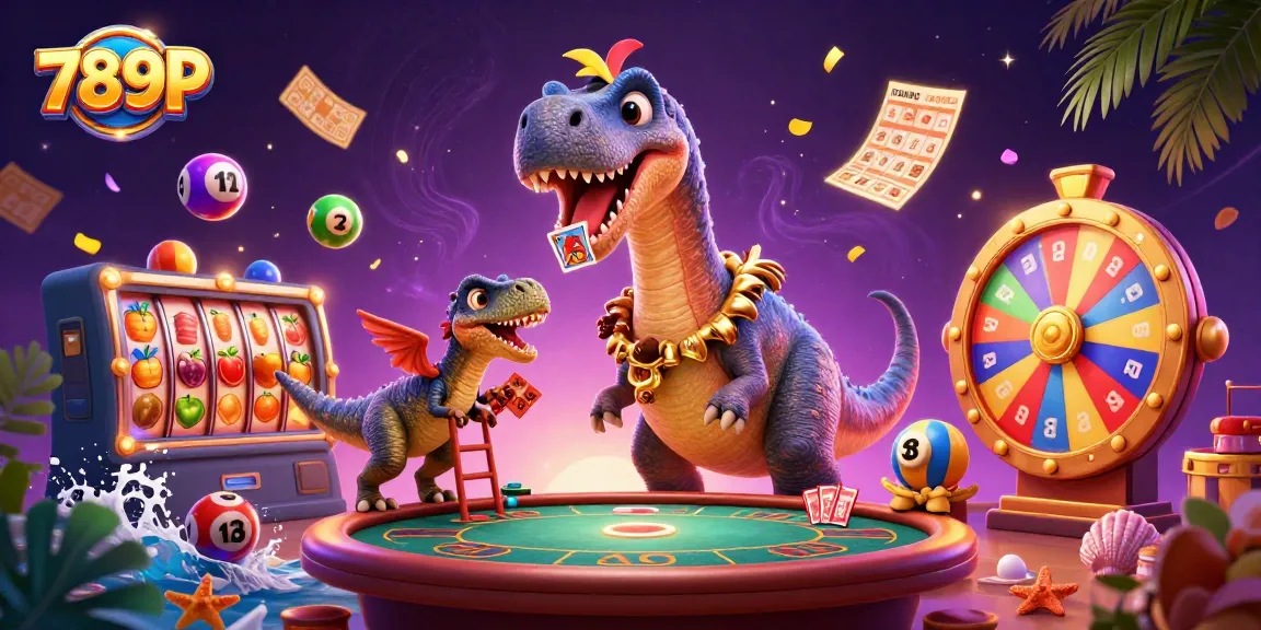 Engage with 789P's vibrant casino world featuring a brontosaurus and raptor in a dynamic gaming scene.