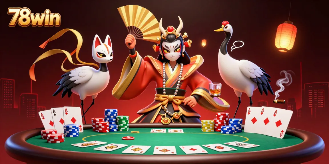 Engage with 78win's exciting poker scene featuring a kabuki warrior and magical elements.