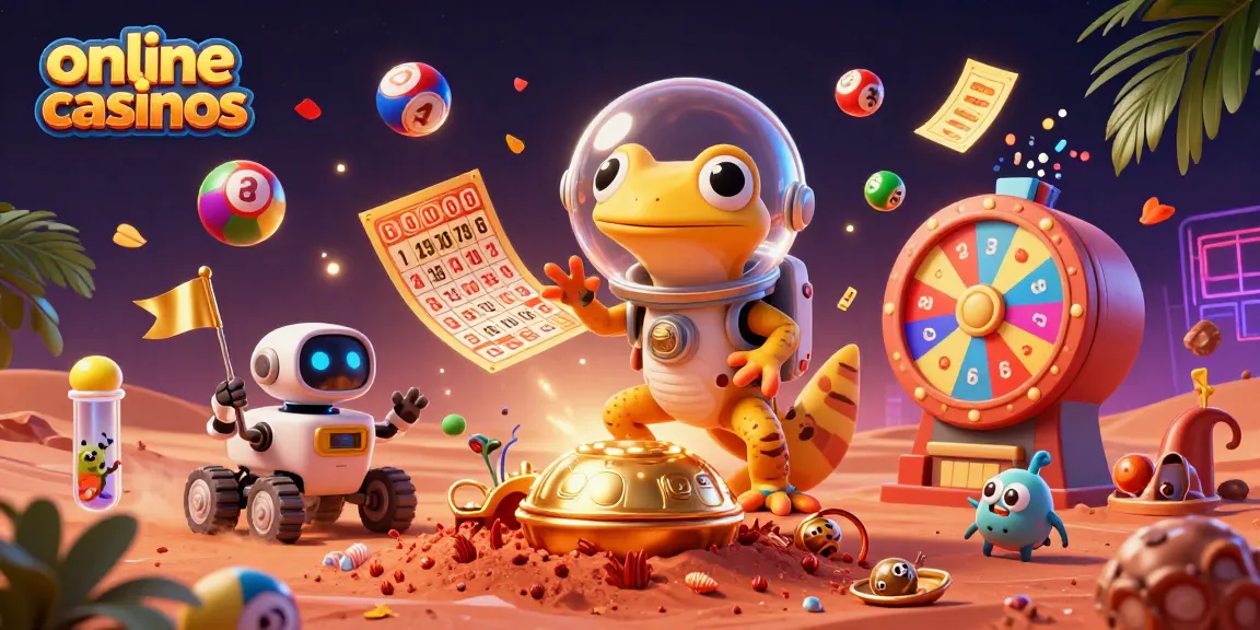 Discover online casinos with a Martian gecko and a robot near a golden casino amidst colorful lottery elements.