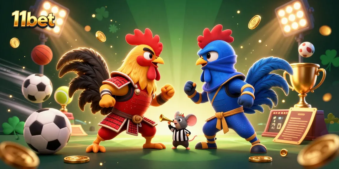 Engage in thrilling battles with 11bet's dynamic sports illustrations featuring fighting roosters and vibrant game elements.