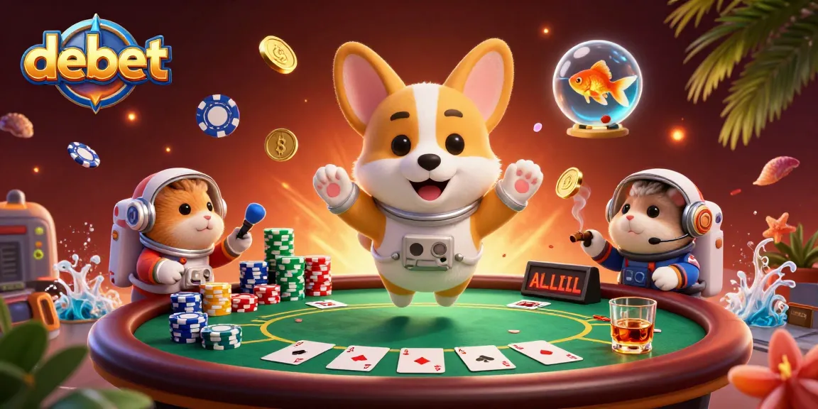 Experience thrilling poker action with debet as a corgi astronaut navigates a cosmic casino.